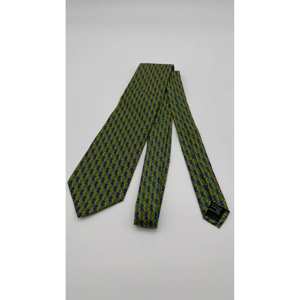 Vintage Gucci Silk Tie Green Yellow Blue Interlocking Chain Link Made in Italy
